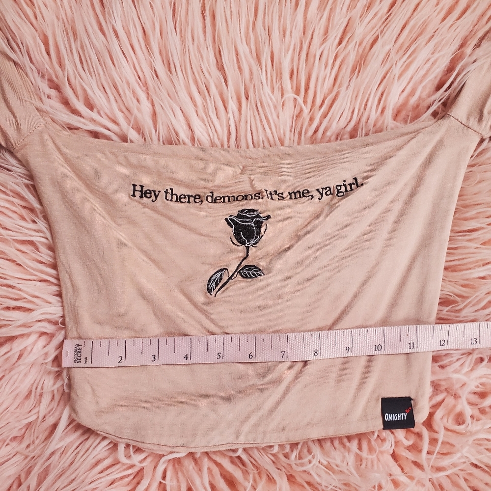 OMIGHTY Nude Off The Shoulder "Hey There Demons, It's Me" Long Sleeve Crop Top - Picture 5 of 10